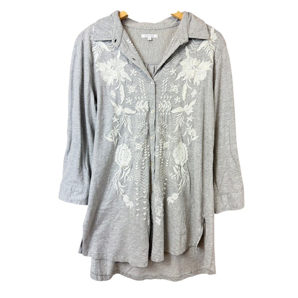 Caite Grey Floral Embroidered Button Up High Low Tunic Top Size L